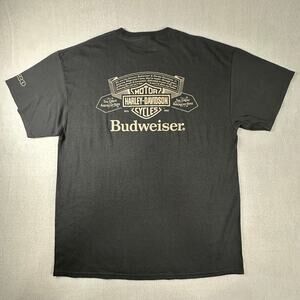 Harley Davidson Budweiser Black Graphic Tee Shirt XL Motorcycle Beer Logo